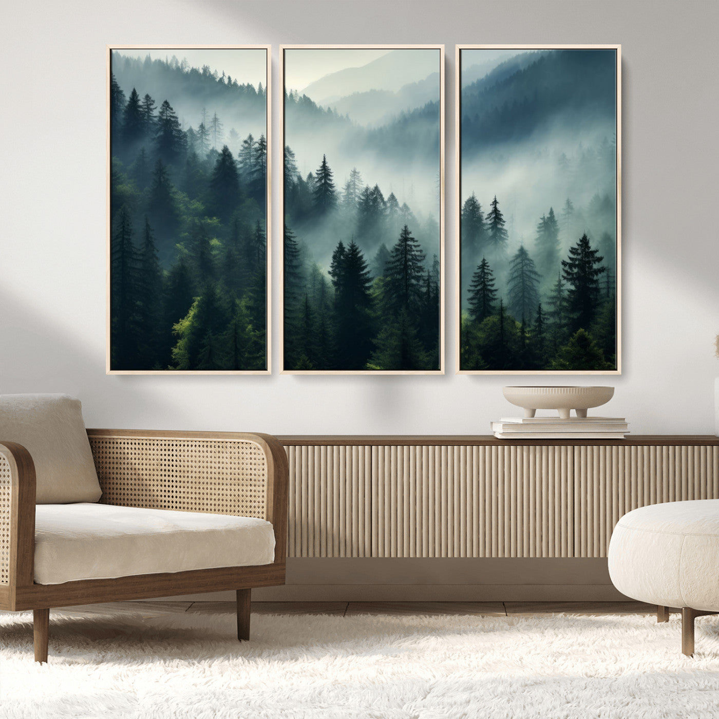 MGV-FC-48X32-3P - Captivating Misty Forest Wall Art Premium Canvas Print a Foggy and Serene Atmosphere Art