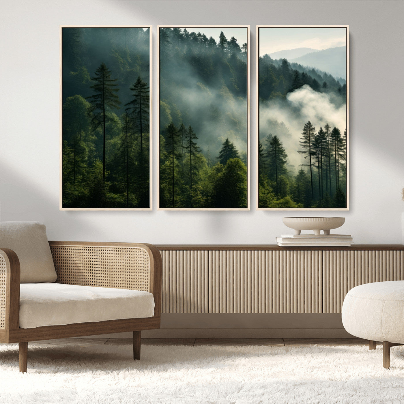 MGV-FC-48X32-3P - Misty Forest Wall Art Premium Canvas Print a Foggy and Serene Atmosphere
