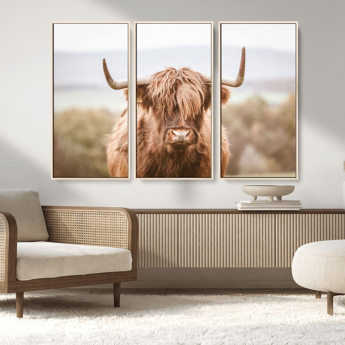 MGV-FC-48X32-3P - Scottish Serene Highland Cow Canvas Wall Art – Serene Highland Cow in Natural Pastel Tones – Ready