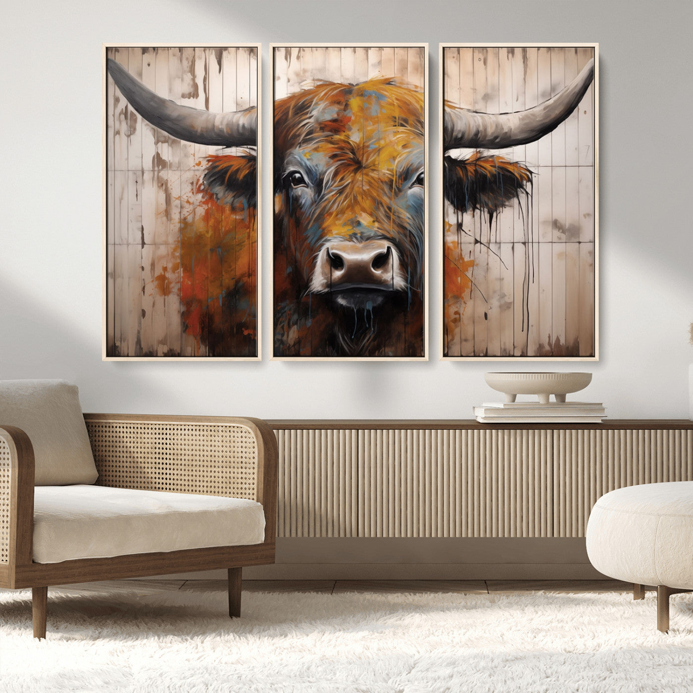MGV-FC-48X32-3P - Abstract Bull Highland Cow Canvas Wall Art Print – Vibrant Rustic Charm in Modern Farmhouse Decor –