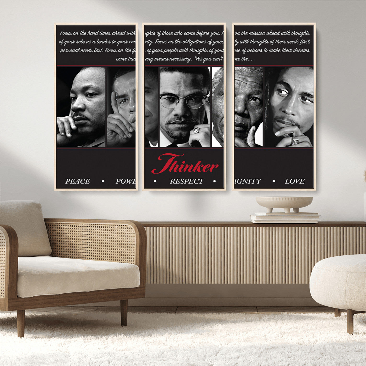 MGV-FC-48X32-3P - Thinker Quintet Canvas Wall Art – Martin, Obama, Malcolm X, Mandela, Marley Featuring Peace, Power,