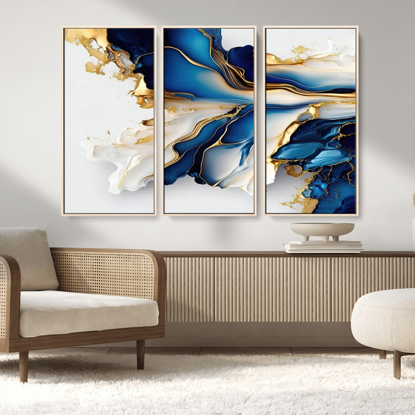 MGV-FC-48X32-3P - Gold Marble Art - Abstract Geode Gold And Blue Marble Shape 3 Pieces Wall Art Canvas Print