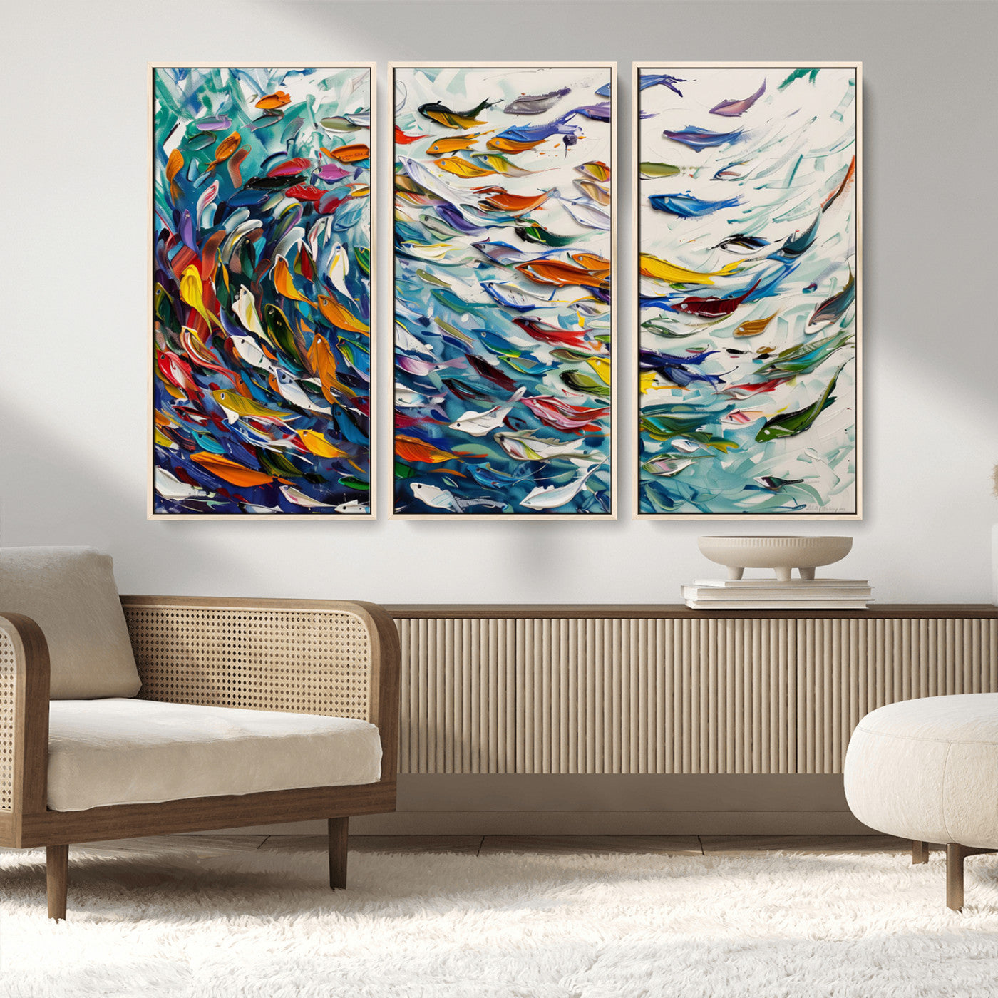 MGV-FC-48X32-3P - Modern Abstract Fish Shoal Wall Art Canvas Print, Colorful Fish Herd Painting on Canvas Print, Ocean