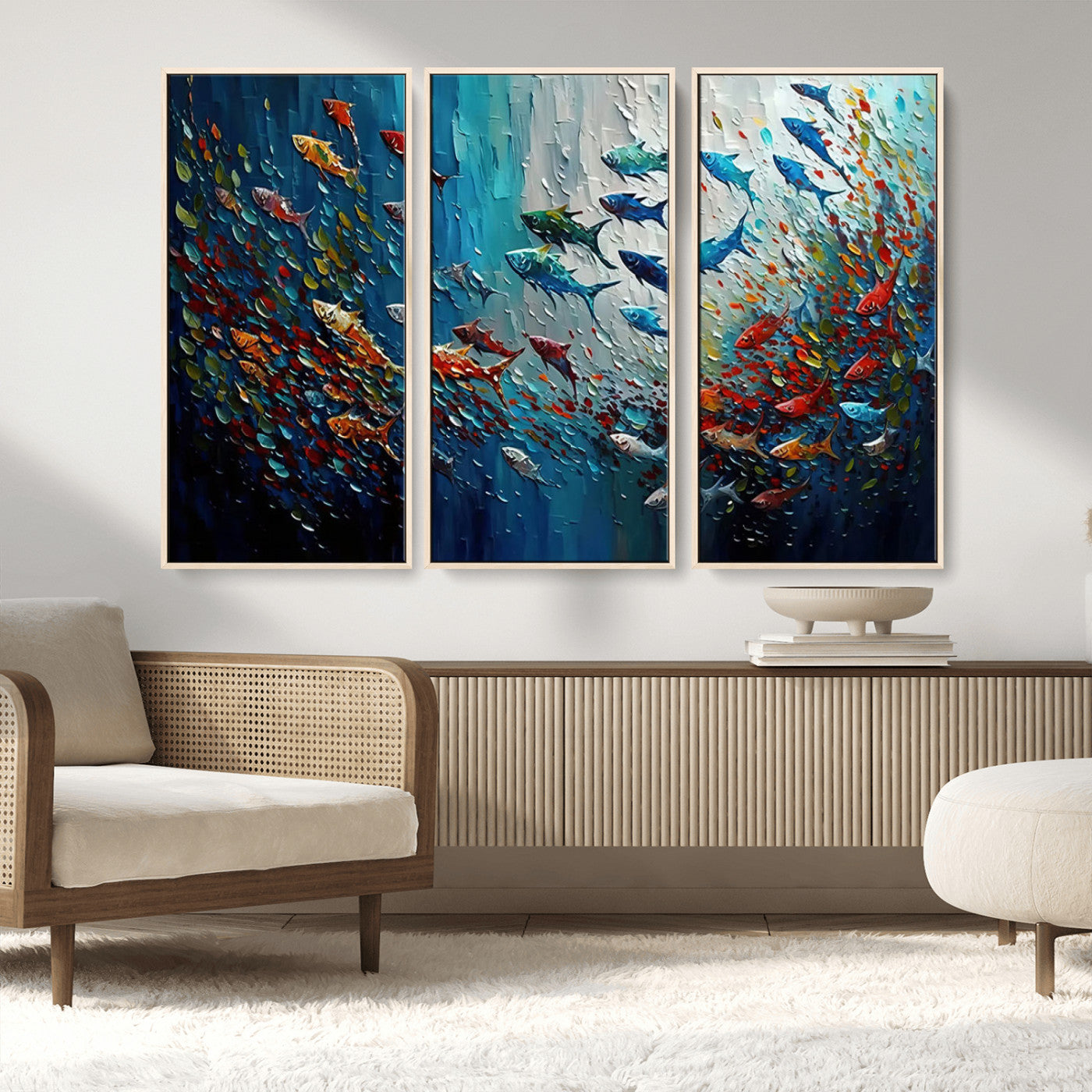 MGV-FC-48X32-3P - Modern Abstract Fish Shoal Wall Art Canvas Print, Colorful Fish Herd Painting on Canvas Print, Ocean