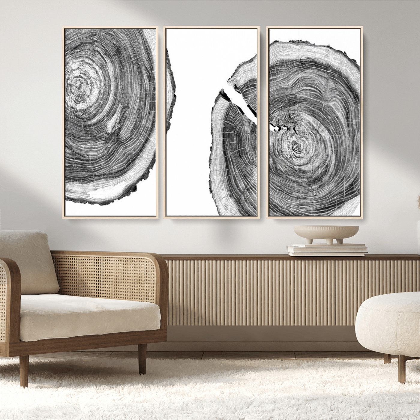 MGV-FC-48X32-3P - Modern Black and White Tree Rings Canvas Wall Art – Nature Inspired Wood Slice Print – Minimalist