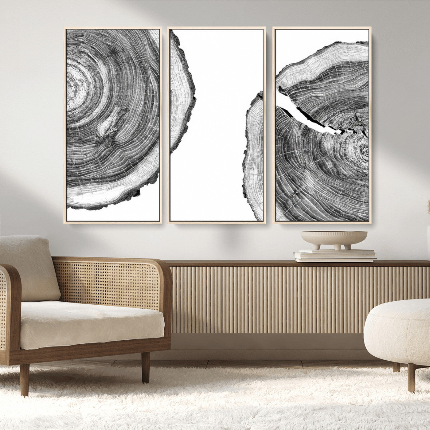 MGV-FC-48X32-3P - Abstract Large Tree Rings – Minimalist Black and White Wood Art | Triptych Canvas, Modern Wall Decor