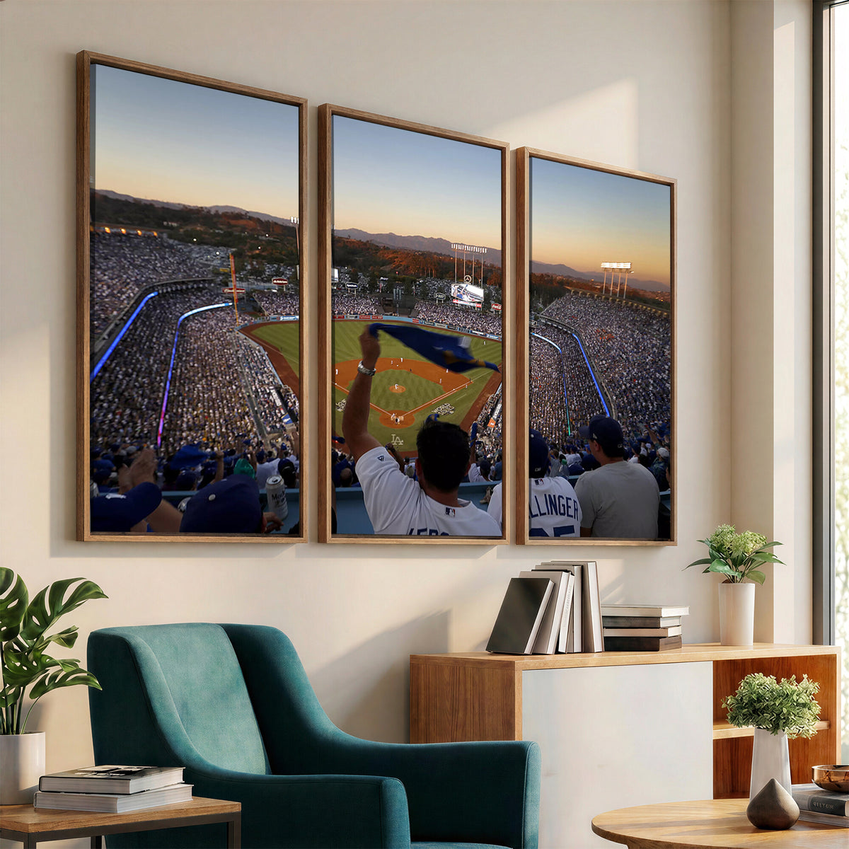 60162-MGV-CV-36X24 - Dodger Stadium Sunset Game Triple Canvas Wall Art, Los Angeles Dodgers MLB Match