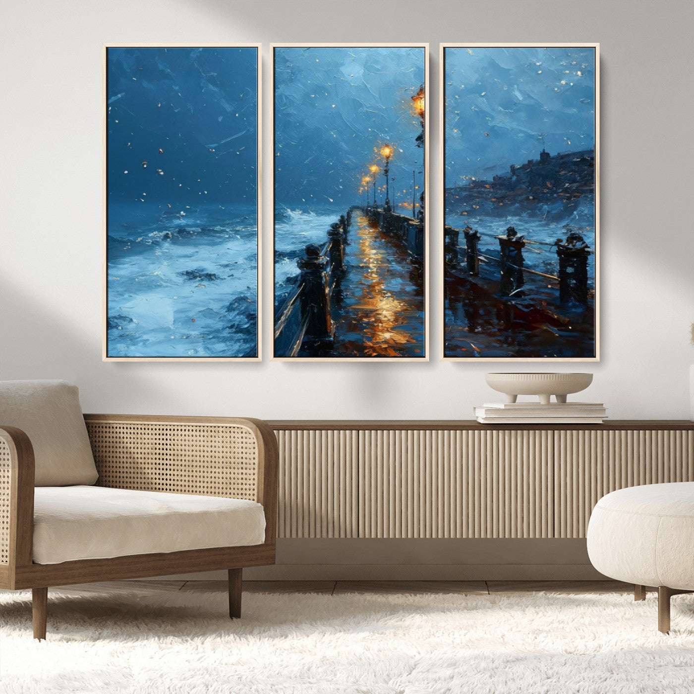 MGV-FC-48X32-3P - Stormy Night at Beach Pier Oil Painting Large Wall Art Print, Framed Canvas Nature Wall Decor,