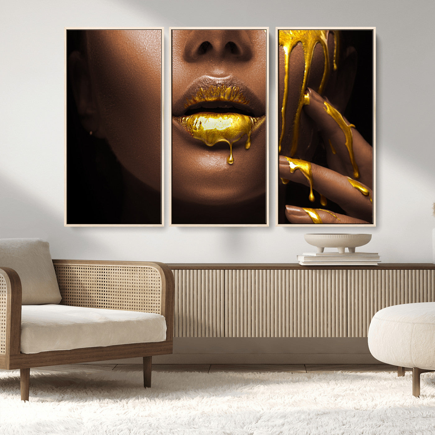 MGV-FC-48X32-3P - African American Art Black Woman Canvas Print, African Wall Art, Fashion African Woman Gold Lips