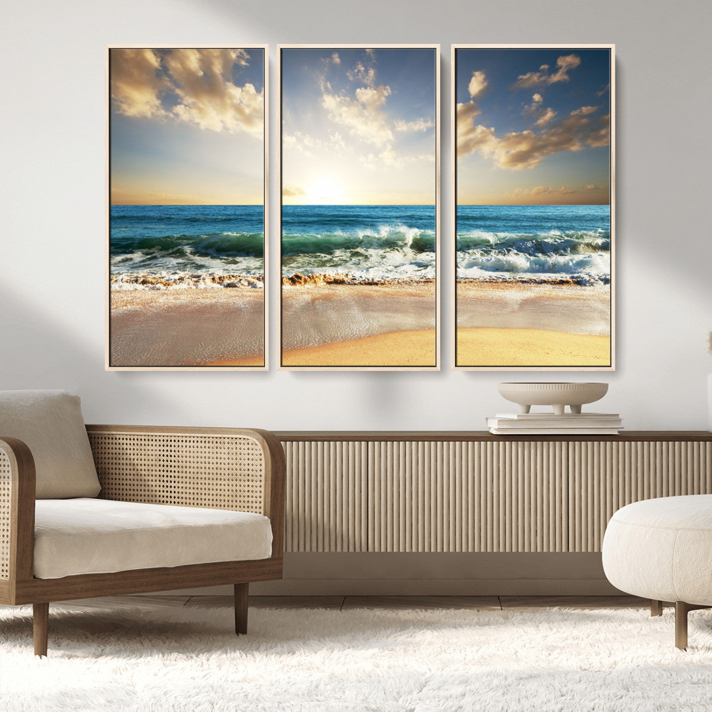 MGV-FC-48X32-3P - Golden Sunset Beach Triptych Canvas Wall Art for Living Room – 3-Panel Ocean View, Framed & Ready to