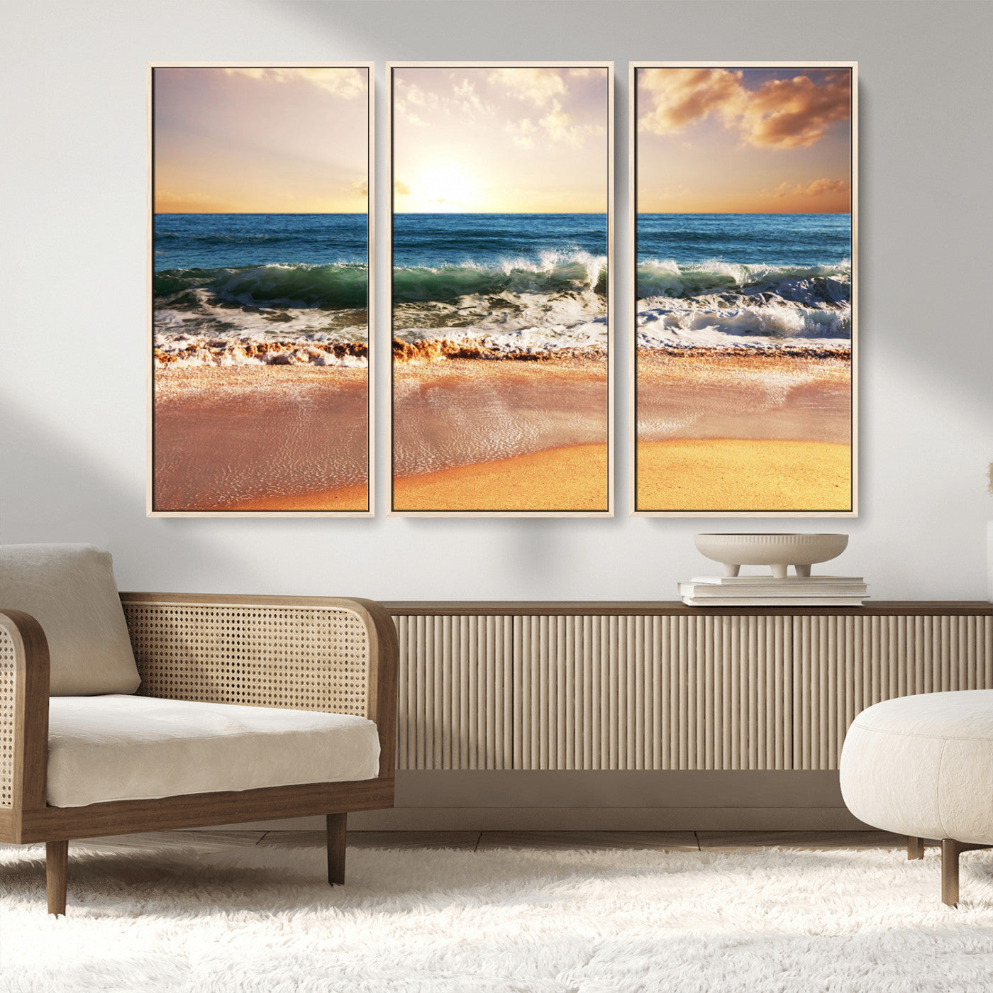 MGV-FC-48X32-3P - Sunset Beach Wall Art - 3-Panel Framed Canvas Print, Ready to Hang Ocean Sunset for Coastal and