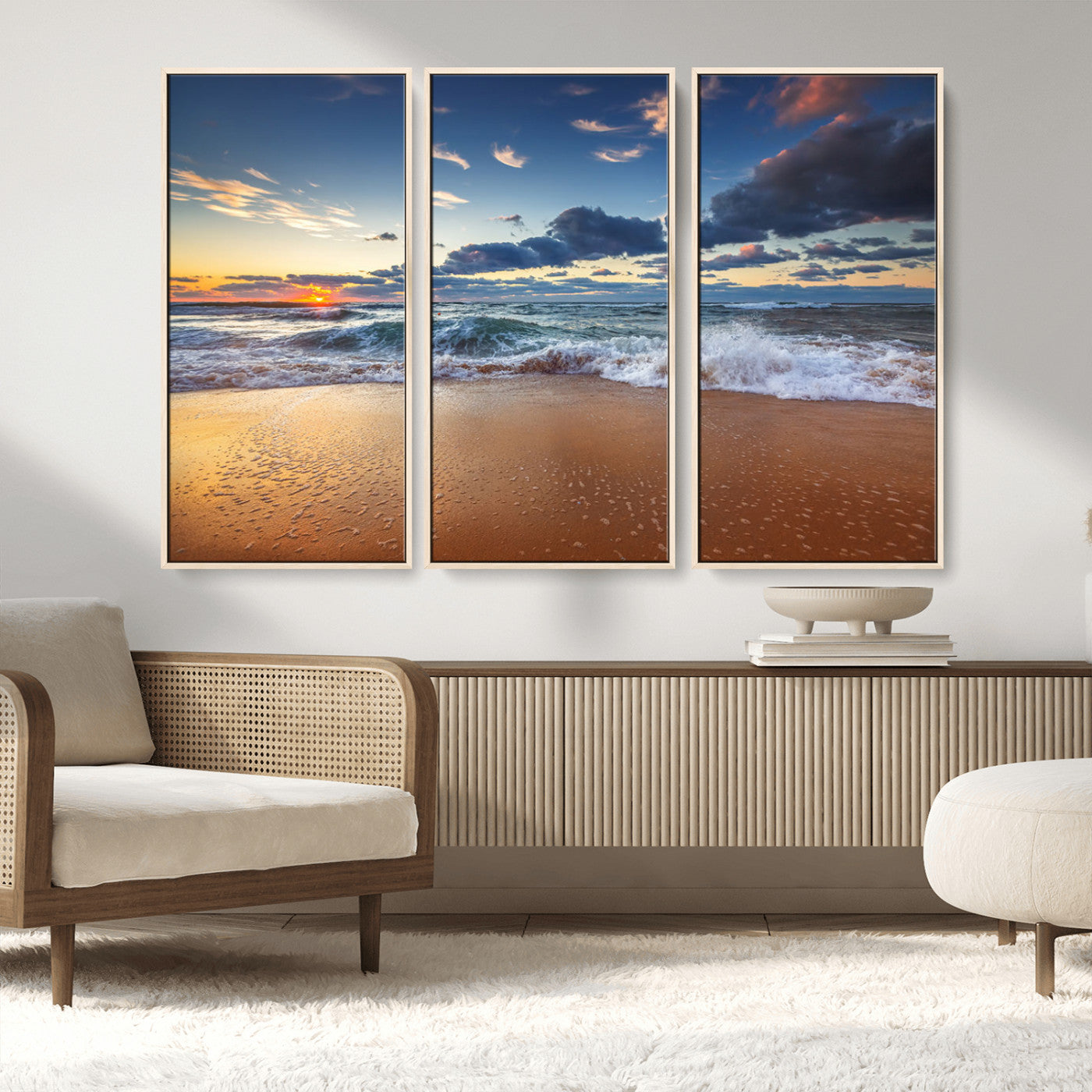 MGV-FC-48X32-3P - Beach Canvas Wall Art - Coastal Seascape Print for Living Room or Bedroom, Ocean Waves on Sand,