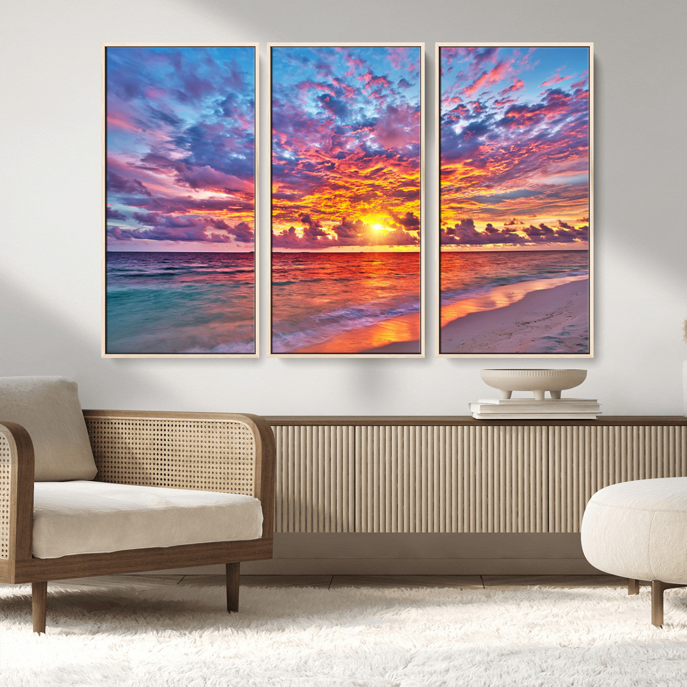 MGV-FC-48X32-3P - Vibrant Sunset Beach Wall Art - Ocean Sunset Canvas Print | Coastal Wall Art Decor Stunning Sunset