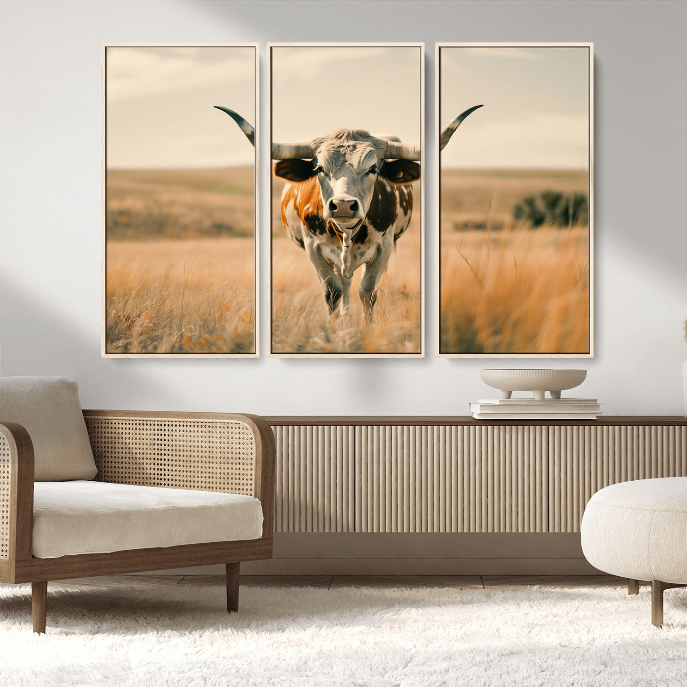 MGV-FC-48X32-3P - Texas Cow Wall Art Canvas Print for Farm House Wall Decor, Farmhouse Wall Art Print