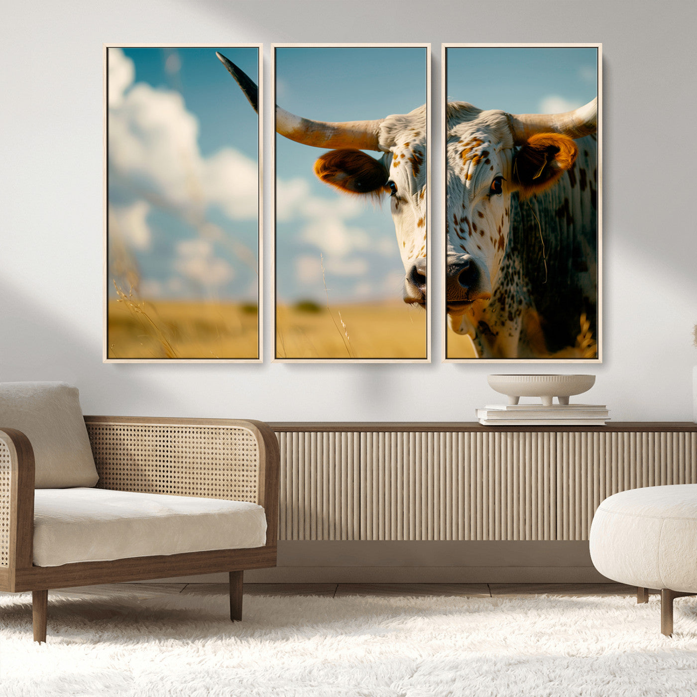 MGV-FC-48X32-3P - Longhorn in the Prairie - Stunning Ranch-Style Triptych Wall Art for Western Home Decor, Cowboy Wall
