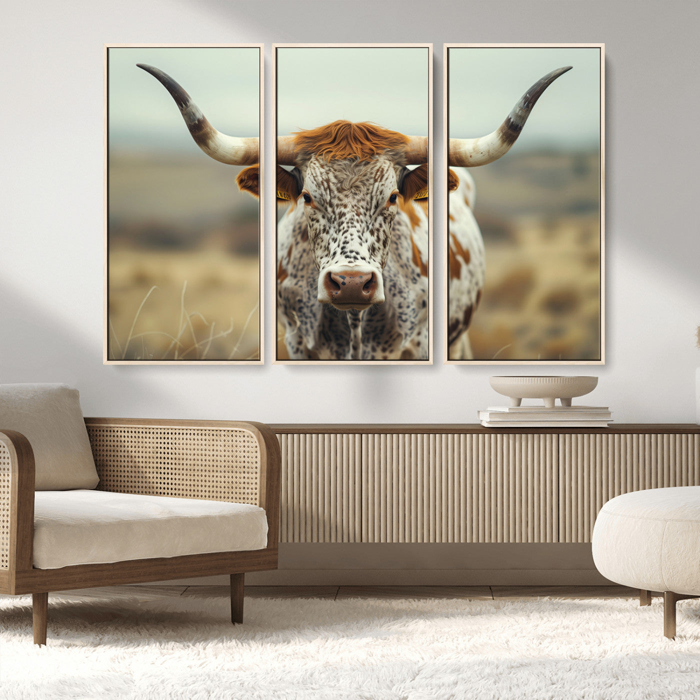 MGV-FC-48X32-3P - Texas Cow Longhorn Wall Art Canvas Print for Farm House Wall Decor, Farmhouse Wall Art Print