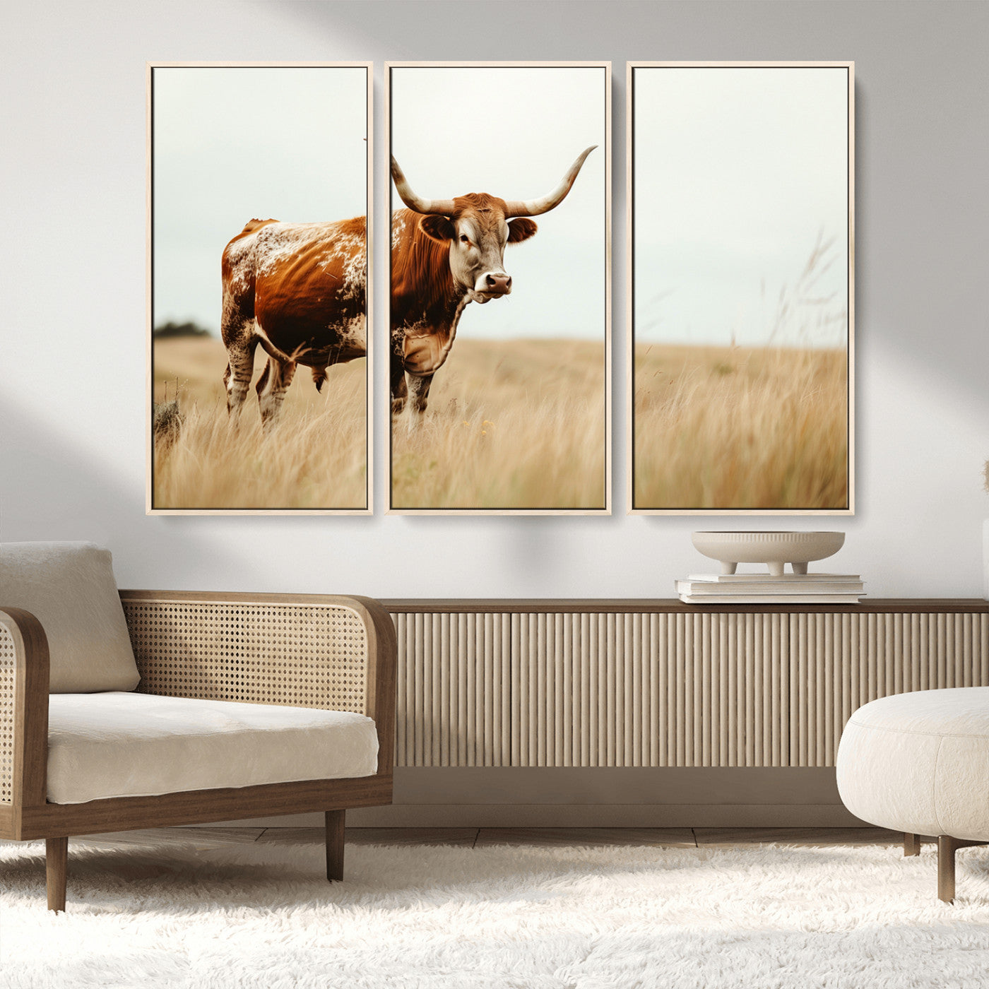 MGV-FC-48X32-3P - Texas Longhorn Canvas Wall Art Print – Majestic Western Cattle in Rustic Farmhouse Decor – Cow Wall