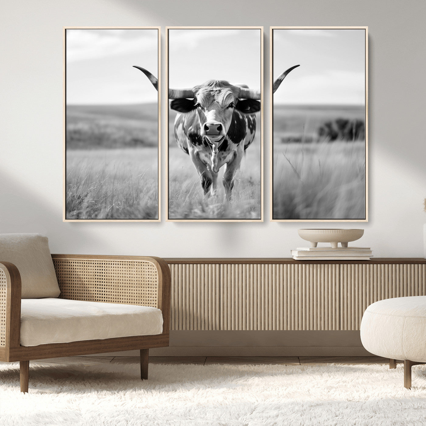 MGV-FC-48X32-3P - Texas Cow Longhorn Wall Art Canvas Print for Farm House Wall Decor, Farmhouse Wall Art Print