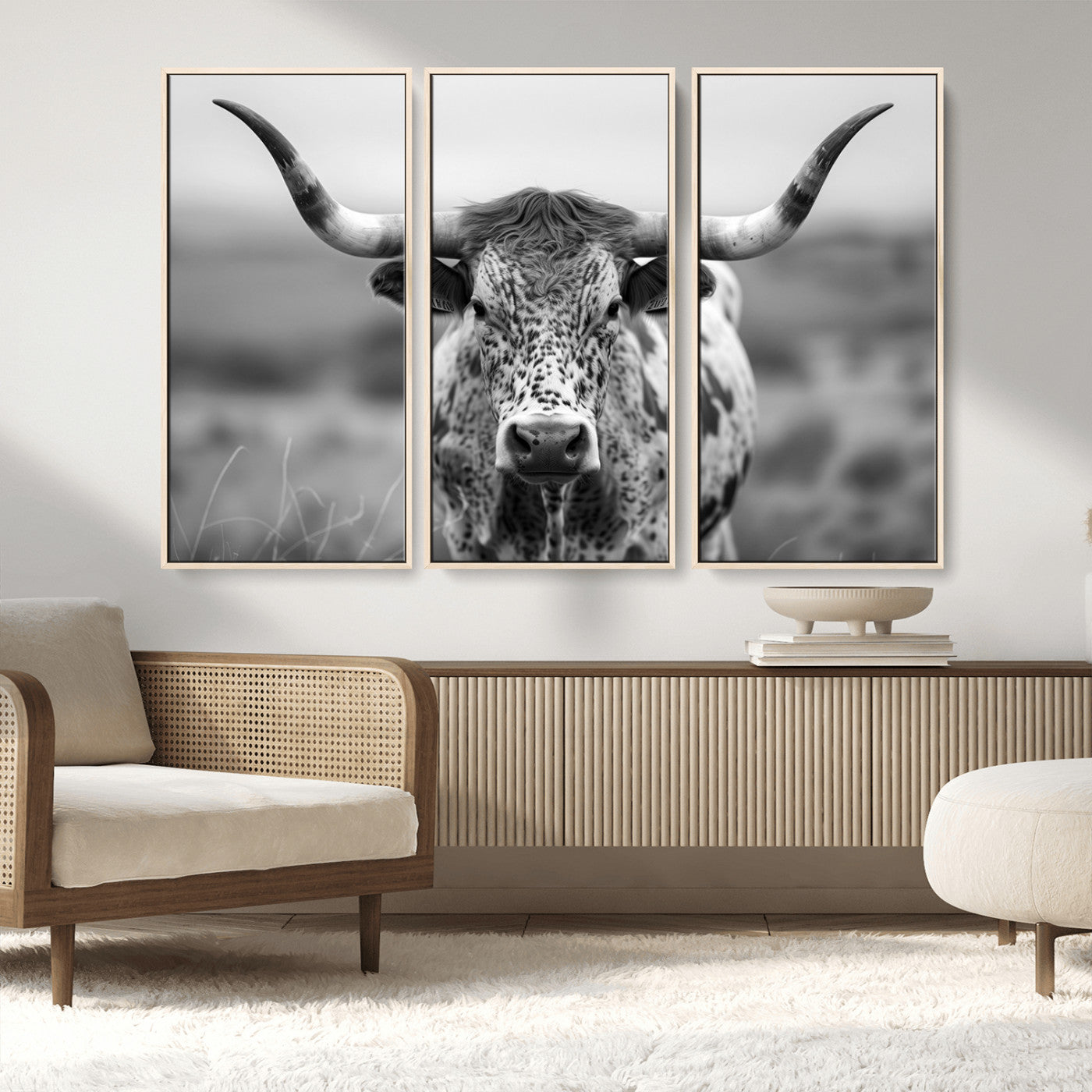 MGV-FC-48X32-3P - Texas Cow Longhorn Wall Art Canvas Print for Farm House Wall Decor, Farmhouse Wall Art Print
