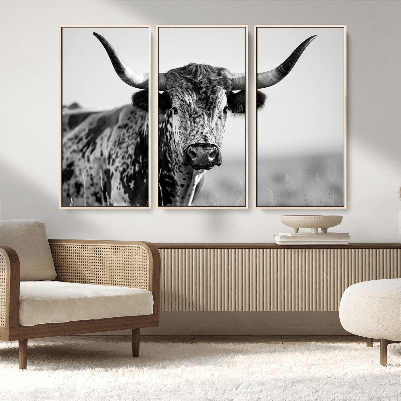MGV-FC-48X32-3P - Texas Highland Cow Longhorn Canvas Print - Rustic Farmhouse Wall Art - Large Texas Longhorn