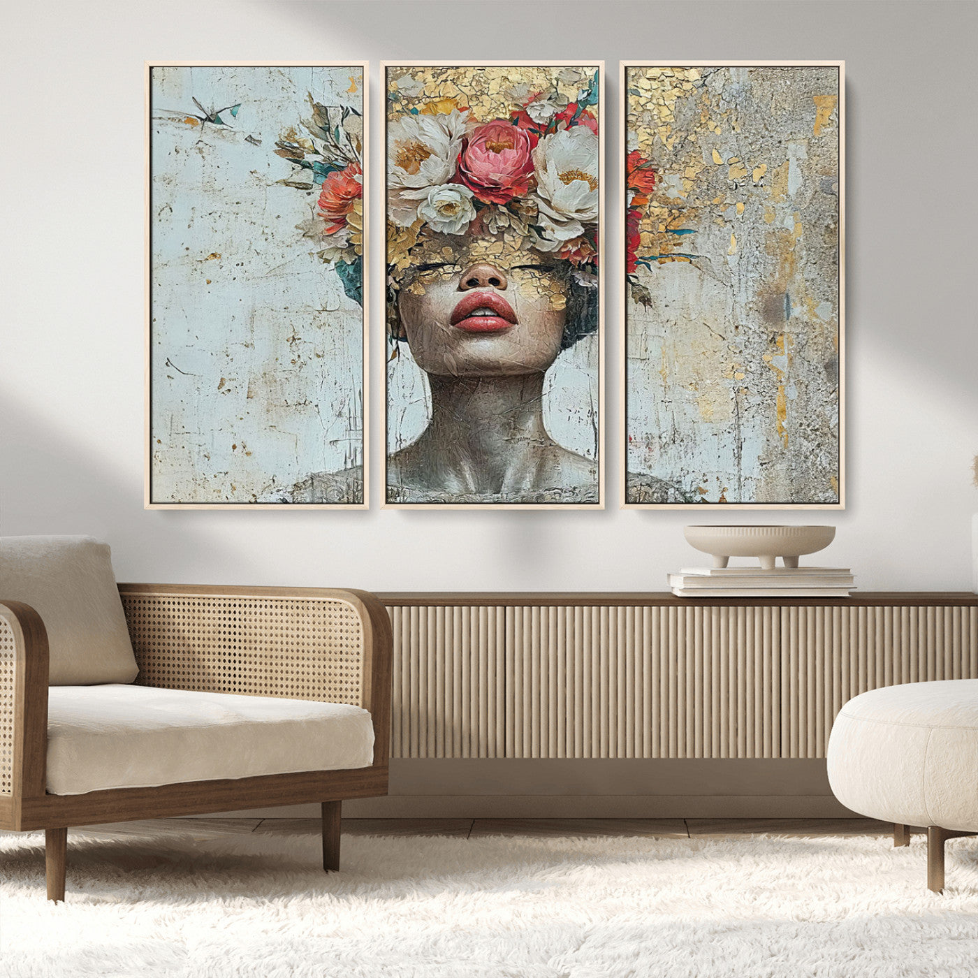 MGV-FC-48X32-3P - Golden Petal Wall Art Canvas Print - Silhouette Woman Wall Art Canvas Print, Floral Woman Portrait
