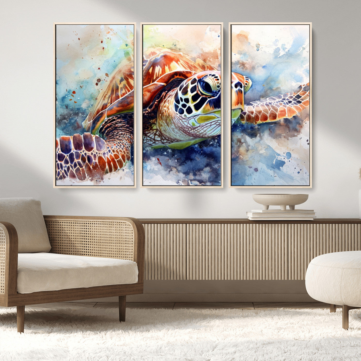 MGV-FC-48X32-3P - Watercolor Sea Turtle Wall Art Canvas Print - Vibrant Ocean Colors in Watercolor Style - Ready to