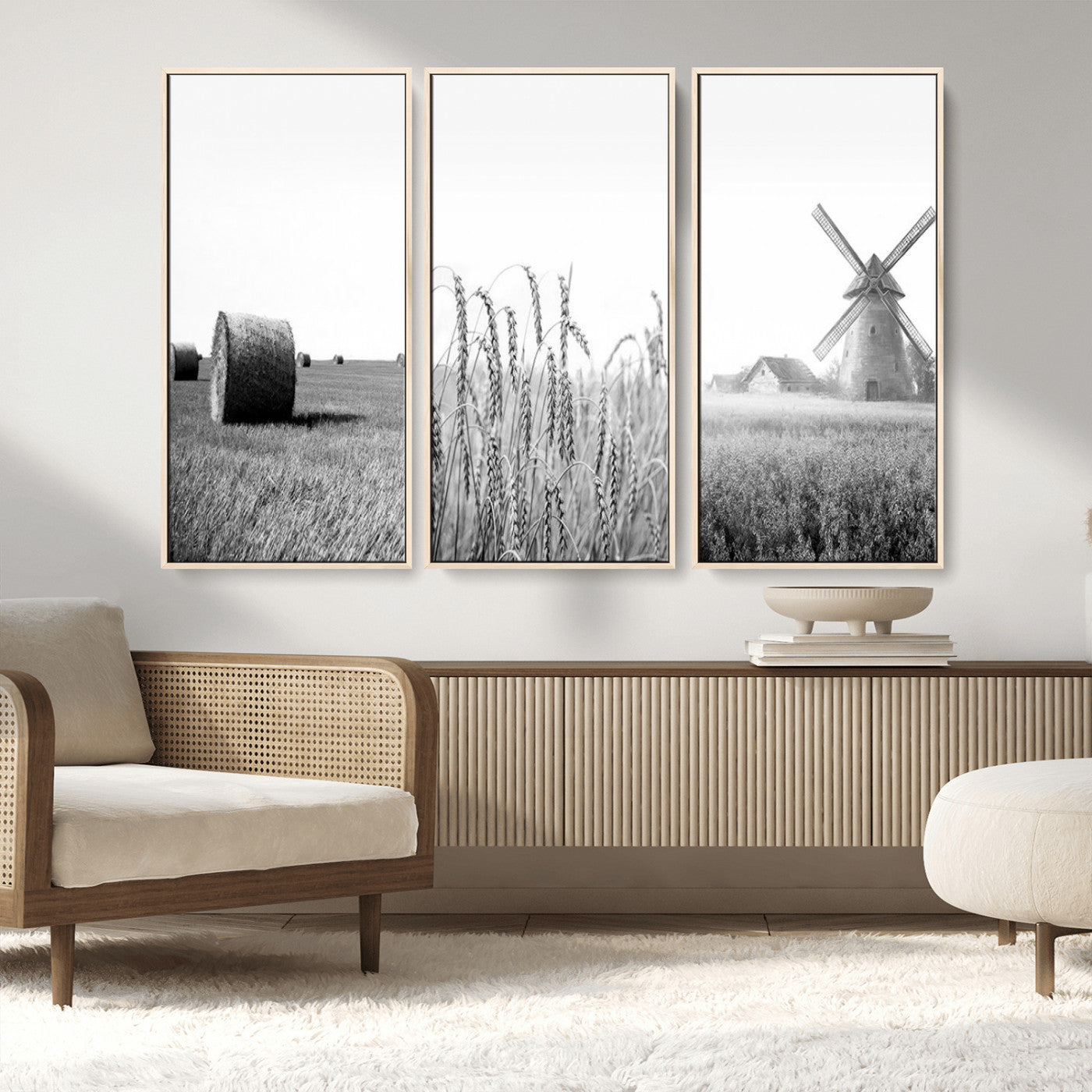 MGV-FC-48X32-3P - Vintage Farmhouse Black and White Triptych Wall Art – Giclee Canvas Featuring Wheat Fields, Hay