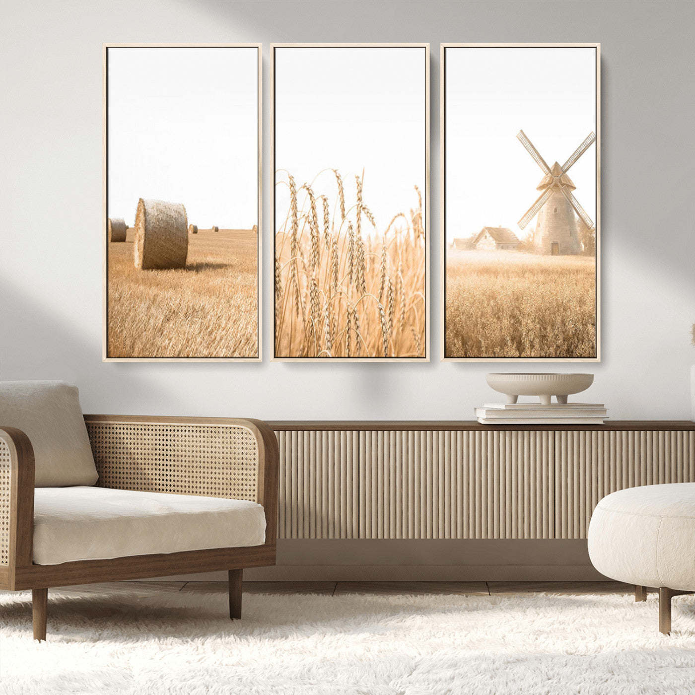 MGV-FC-48X32-3P - Vintage Farmhouse Triptych Wall Art – Giclée Canvas Featuring Wheat Fields, Hay Bales, and a