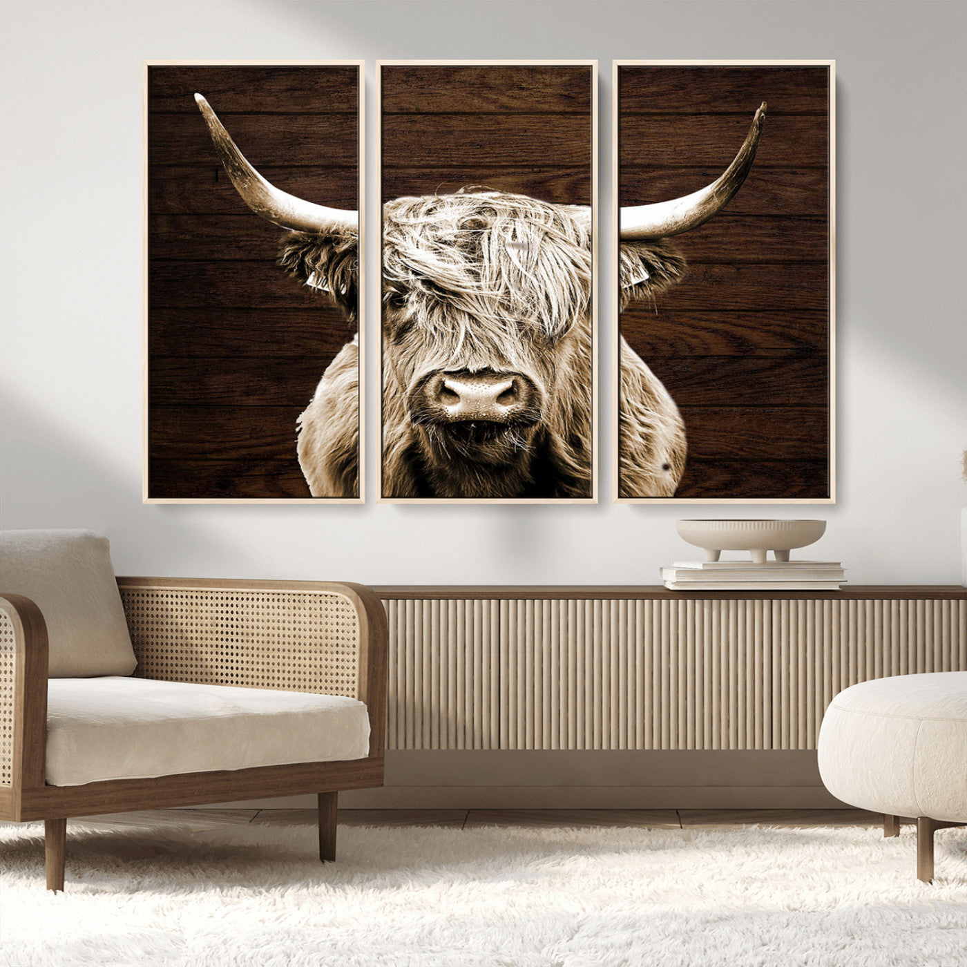 MGV-FC-48X32-3P - Highland Cow Wall Art Canvas Print, Rustic Farmhouse Decor, Majestic Scottish Highland Bull Portrait