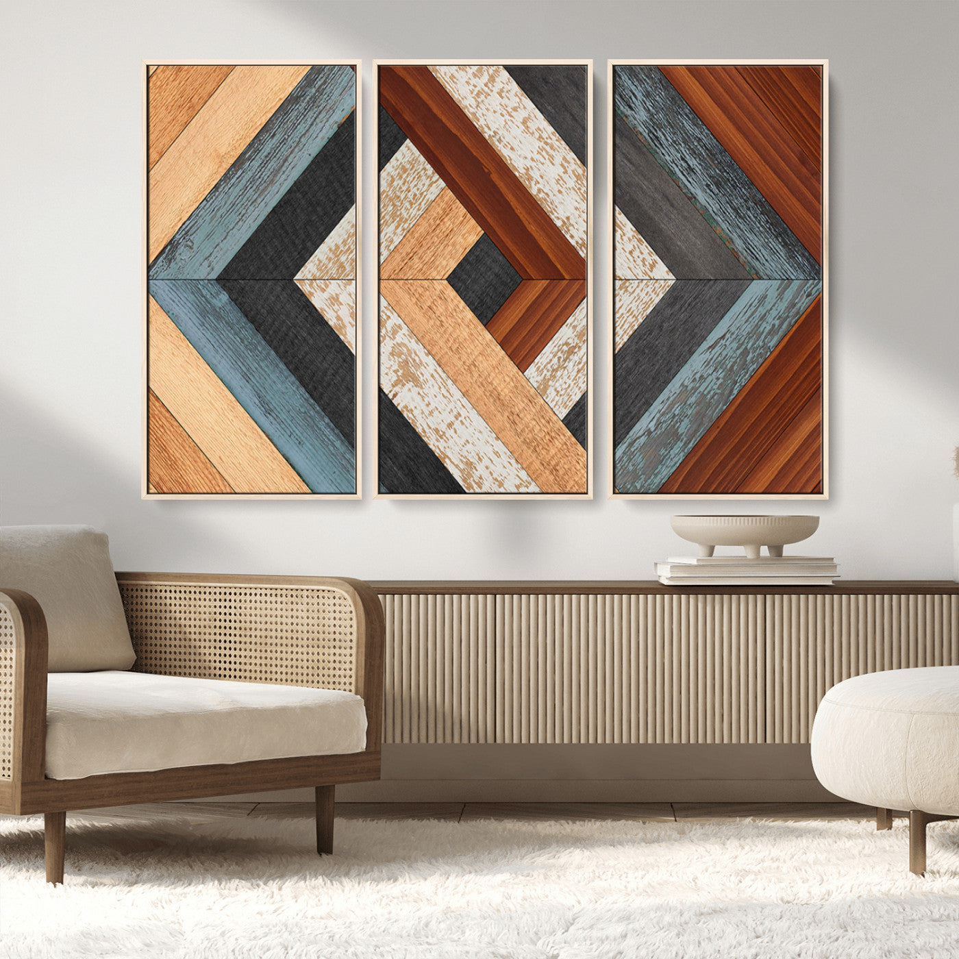 MGV-FC-48X32-3P - Geometric Wood Art Wall Decor Canvas Print, Rustic Wooden Pattern Triptych Wall Art for Living Room