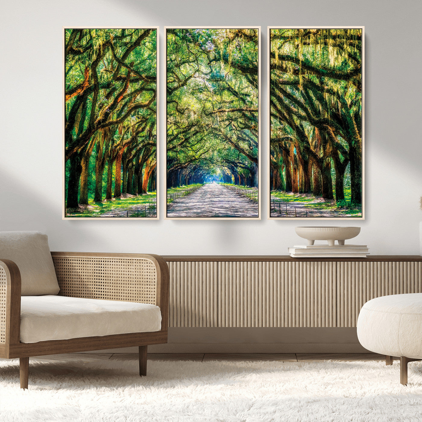 MGV-FC-48X32-3P - Serene Tree Tunnel Wall Art Canvas Print – Pathway Under Canopy of Lush Green Trees, Nature-Inspired