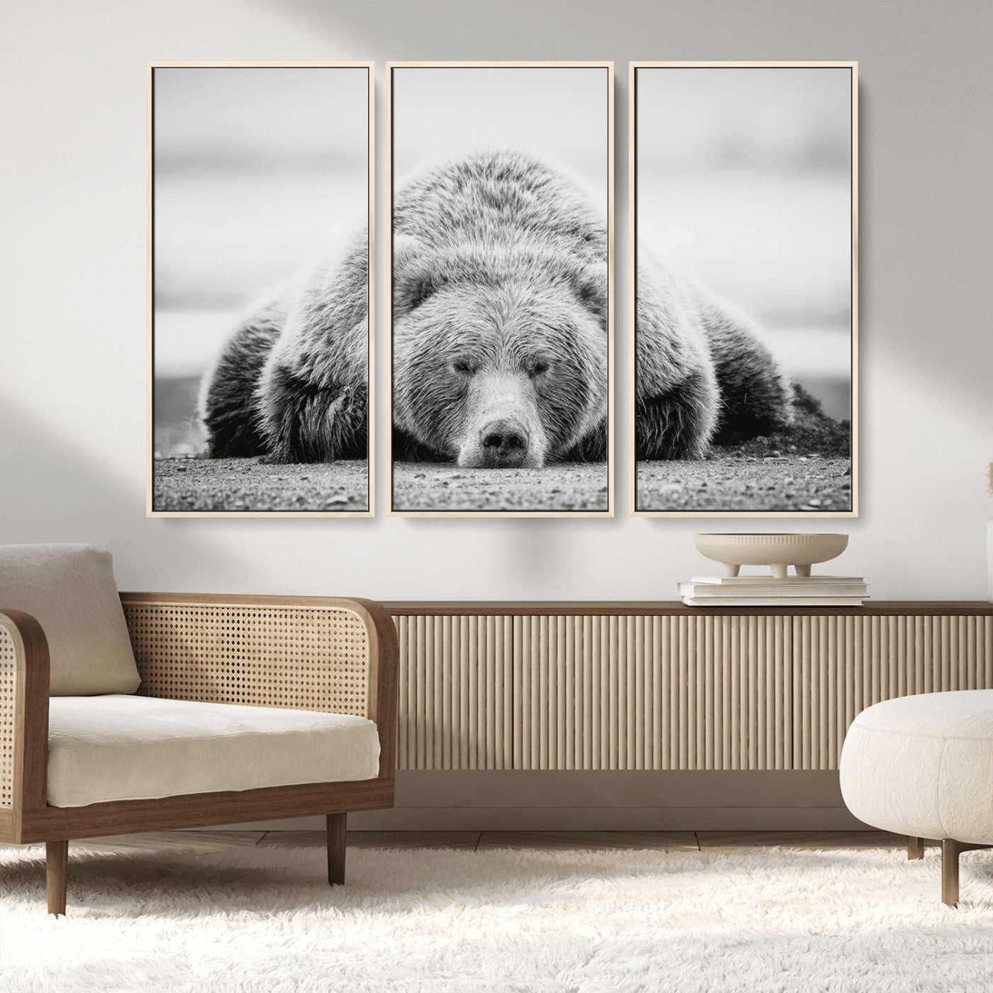 MGV-FC-48X32-3P - Resting Grizzly Bear Wall Art Canvas Print – Majestic Lazy Black and White Wildlife Bear Art,