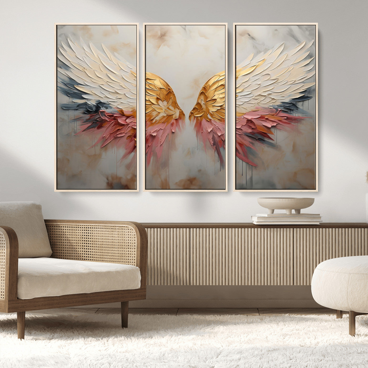 MGV-FC-48X32-3P - Golden Angel Wings Wall Art Canvas Print – Stunning Abstract Winged Art for Elegant Home Decor –
