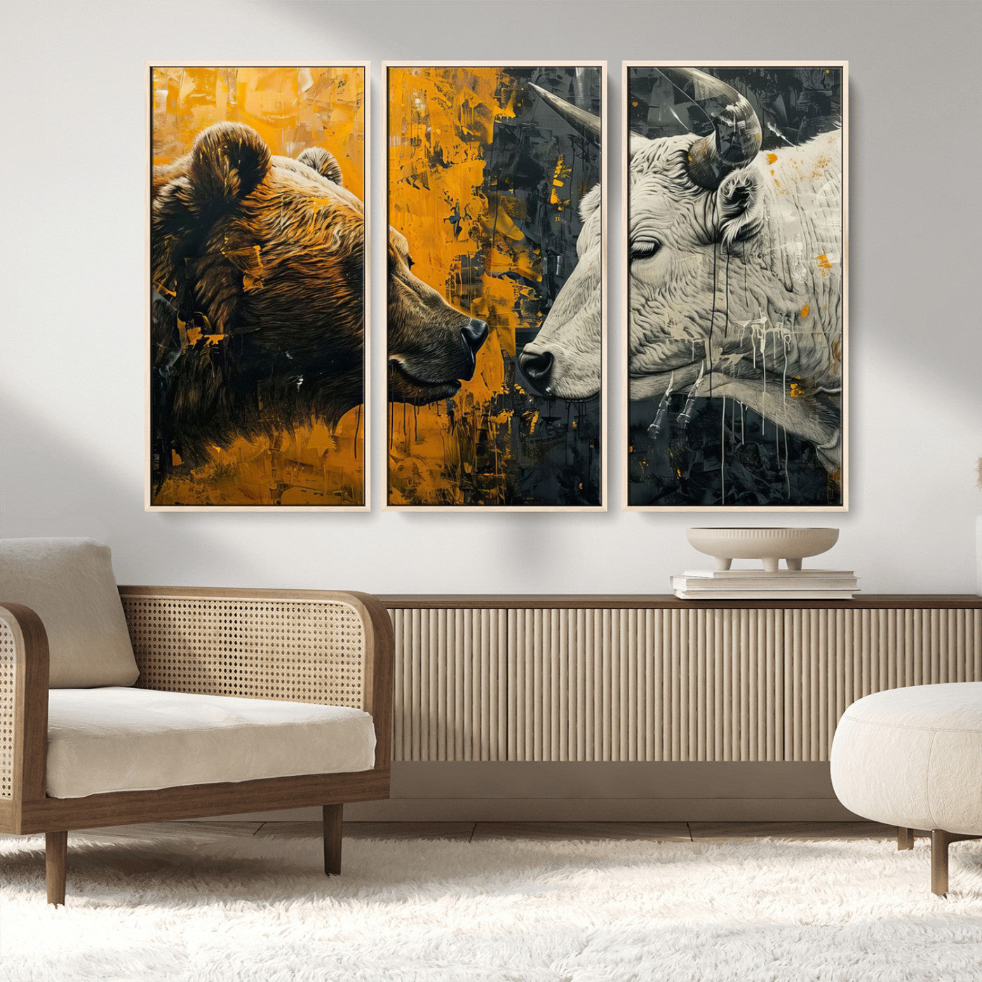 MGV-FC-48X32-3P - Bear and Bull Wall Art Canvas Print – Abstract Animal Portrait Painting for Modern Home Decor –