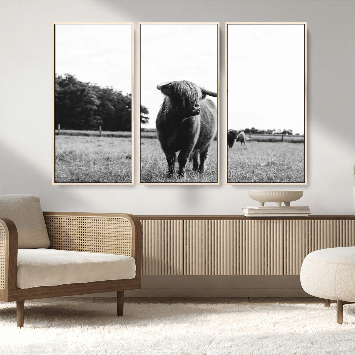 MGV-FC-48X32-3P - Black and White Highland Cow Wall Art Canvas Print | Rustic Western Decor for Living Room or Office,