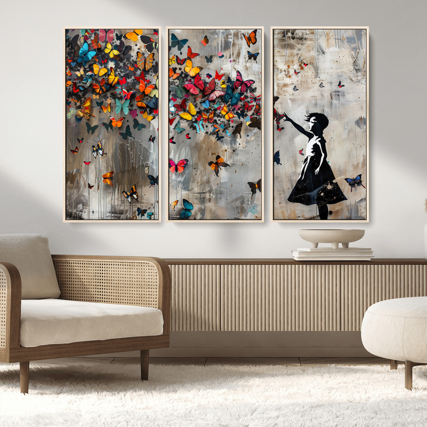 MGV-FC-48X32-3P - Banksy Wall Art - Banksy Girl and Butterfly Explosion Wall Art Canvas Print | Girl with Butterflies