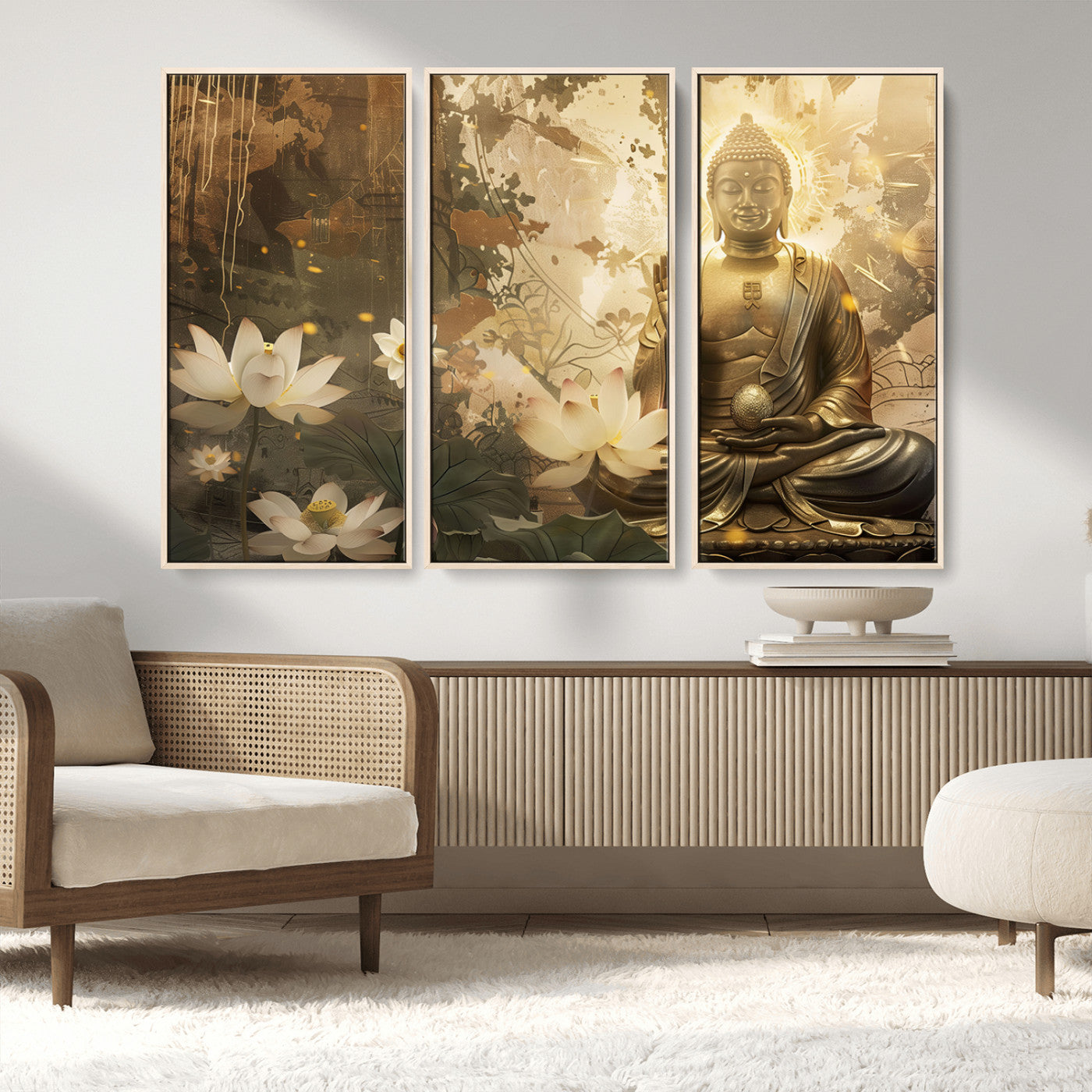 MGV-FC-48X32-3P - Zen Buddha Wall Art Canvas Print | Peaceful Meditation Decor with Lotus Flowers | Spiritual Serenity