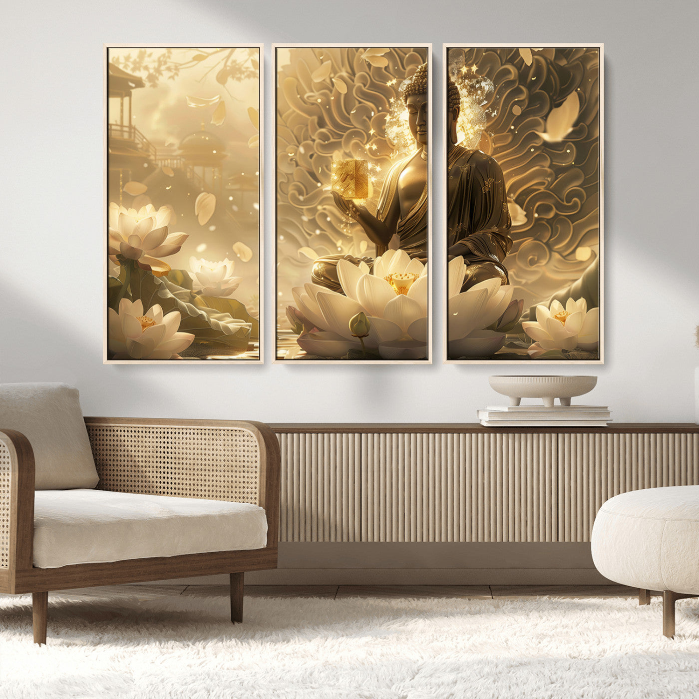 MGV-FC-48X32-3P - Golden Buddha Wall Art | Yoga Room Decor and Meditation Room Wall Art | Framed and Ready to Hang