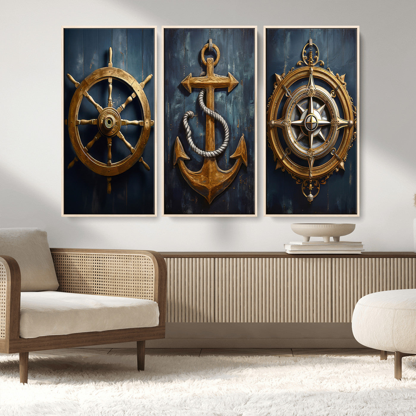 MGV-FC-48X32-3P - Boat Anchor Compass With Rope Wall Art Canvas Print | Beach House Wall Art