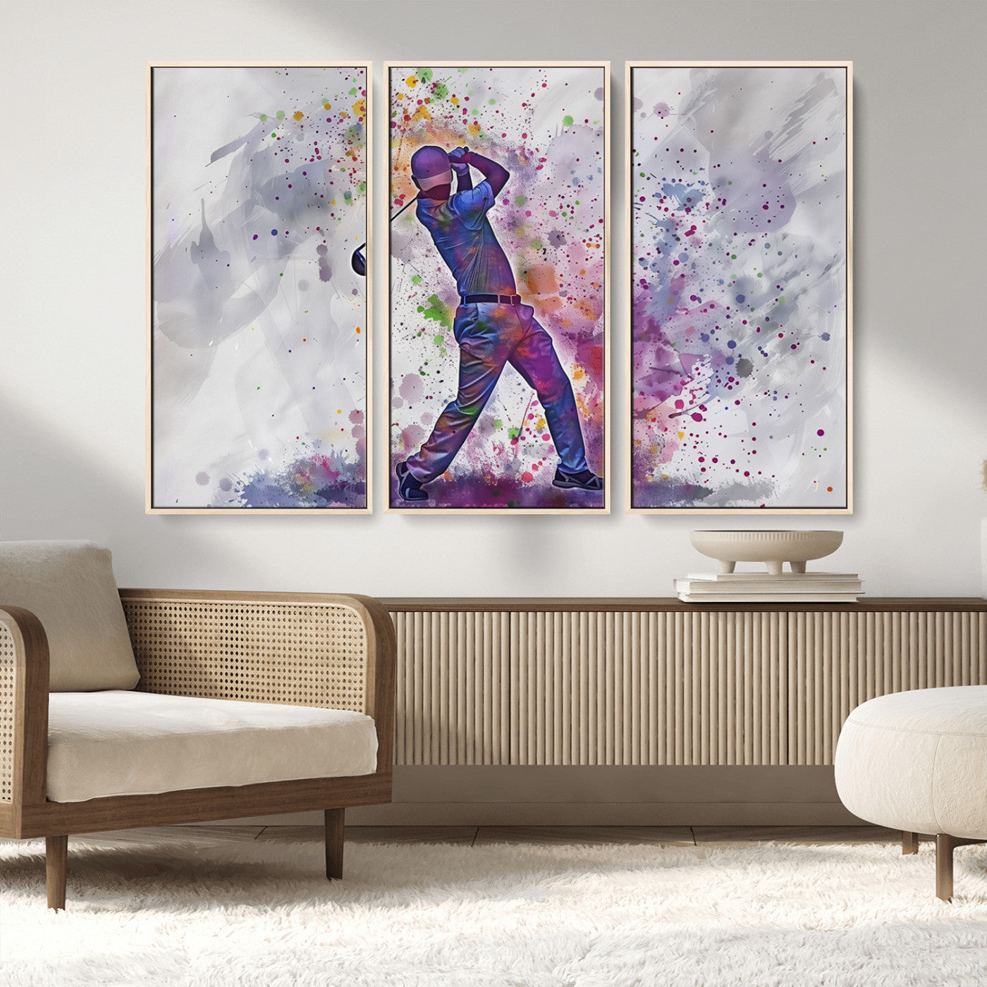 MGV-FC-48X32-3P - Watercolor Golf Swing Wall Art Canvas Print | Vibrant Abstract Golf Player Silhouette |