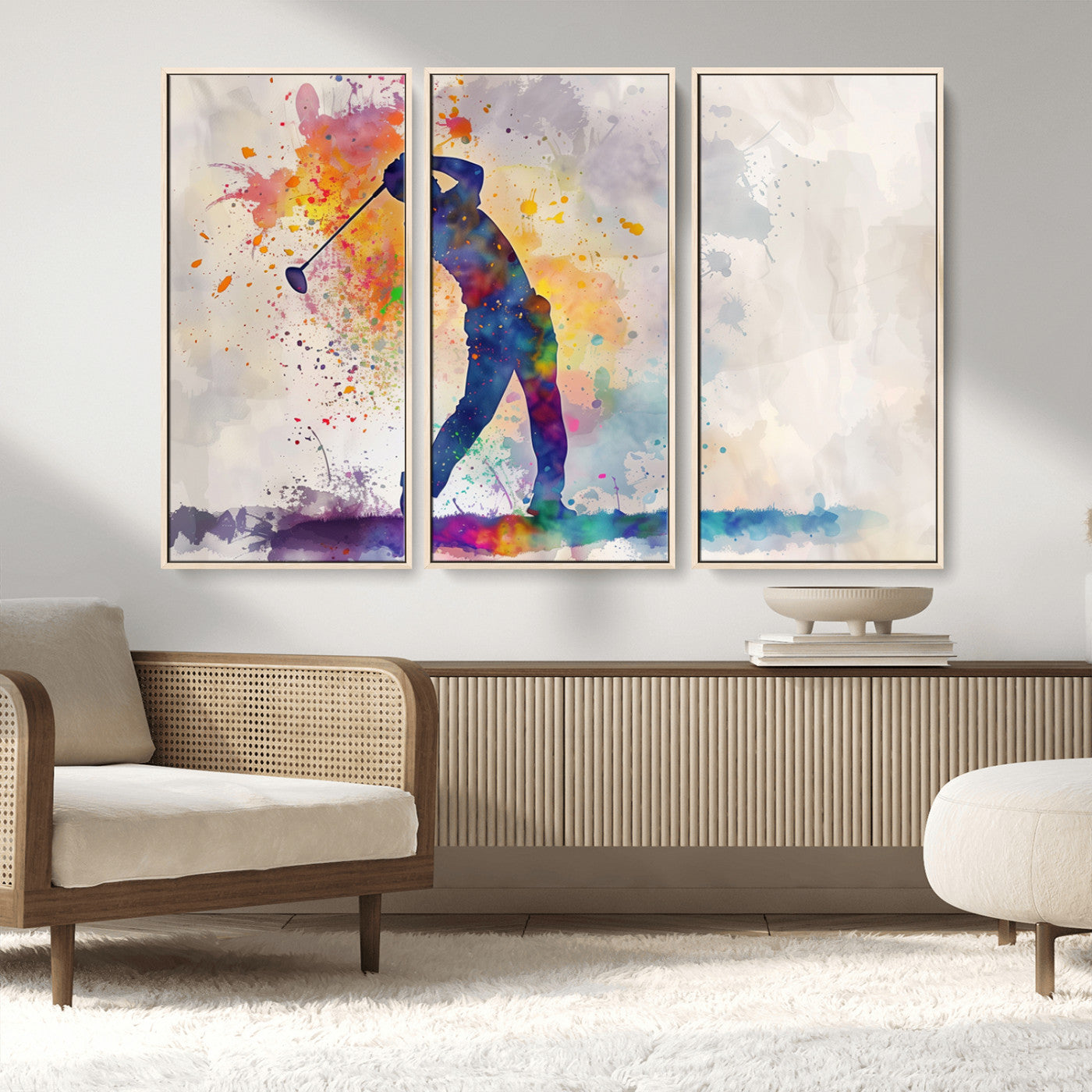 MGV-FC-48X32-3P - Watercolor Golf Swing Wall Art Canvas Print | Vibrant Abstract Golf Player Silhouette |