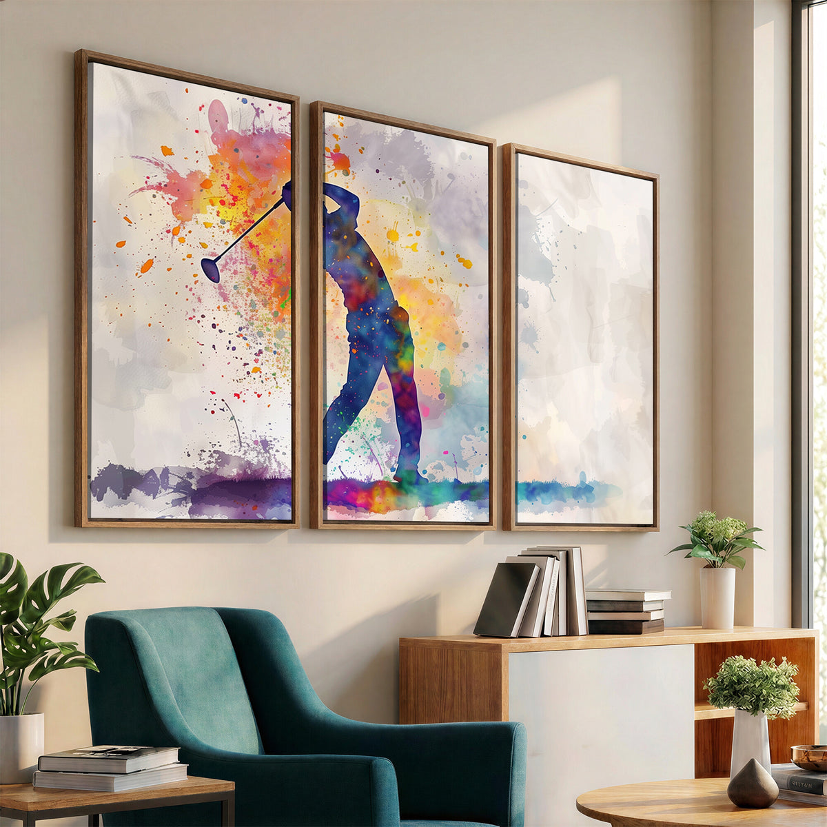 89625-MGV-CV-36X24 - Vibrant Watercolor Golf Swing Wall Art Canvas Print | Extra Large 3 Piece Canvas Wall Art