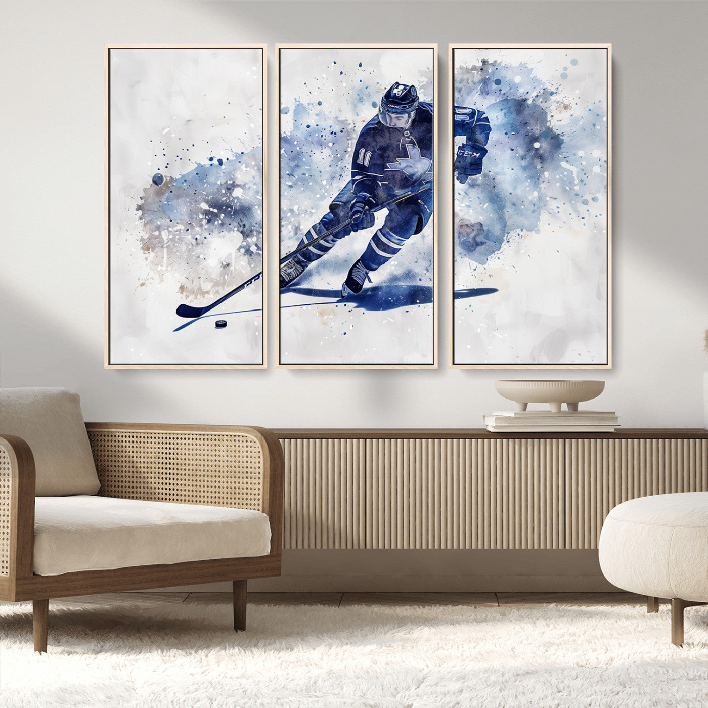 MGV-FC-48X32-3P - Hockey Player Wall Art Canvas Print - Sports-Inspired Watercolor Decor - Ready to Hang