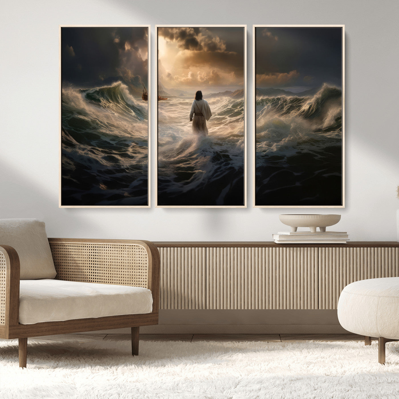 MGV-FC-48X32-3P - Jesus Walking on Water Wall Art Canvas Print - Religious Spiritual Decor - Jesus Wall Art Canvas
