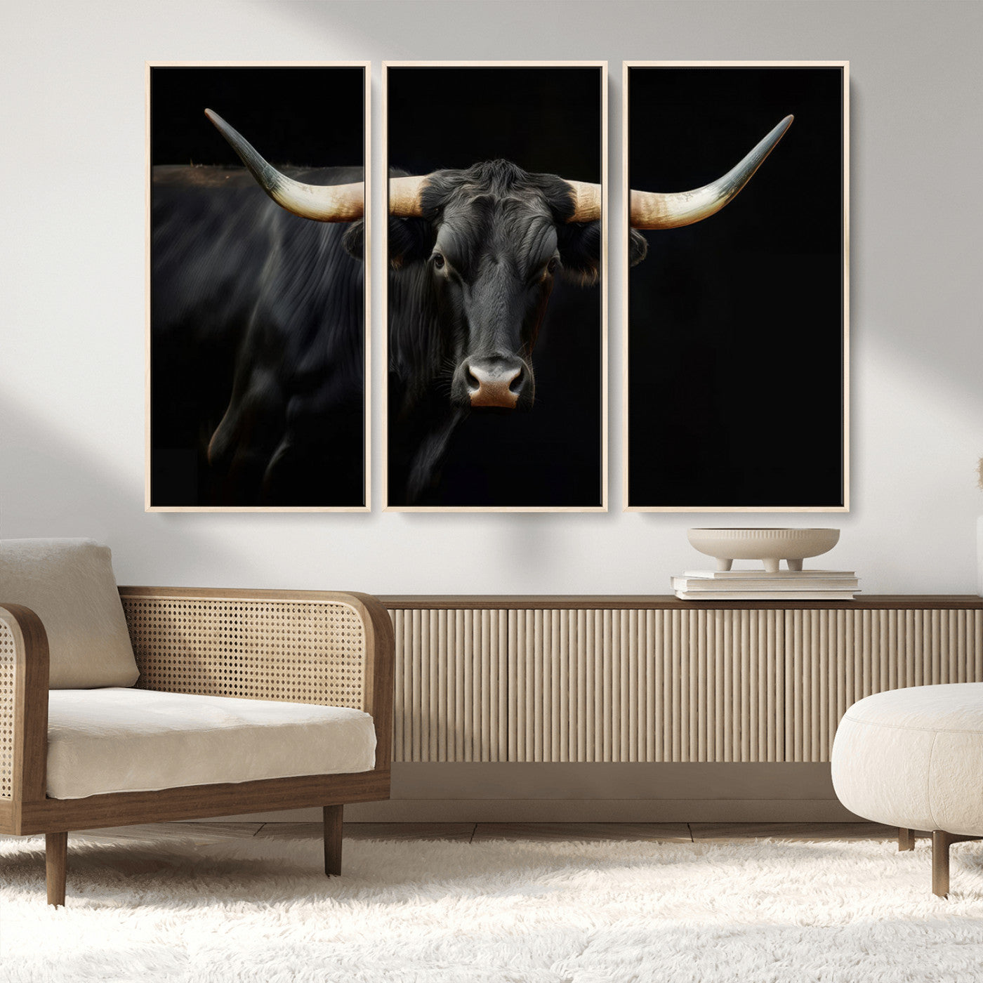MGV-FC-48X32-3P - Texas Longhorn Cow | Majestic Black Bull Wall Art Canvas Print - Farmhouse Animal Decor - Ready to