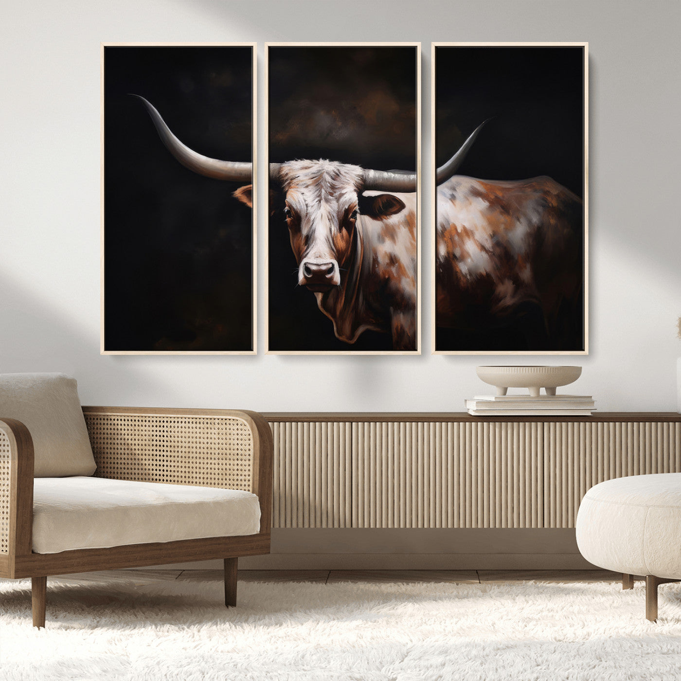 82543-MGV-FC-48X32-3P_Natural-Texas Longhorn Wall Art Canvas Print | Western Ranch Decor | Bold Rustic Cattle Artwork | Ready to