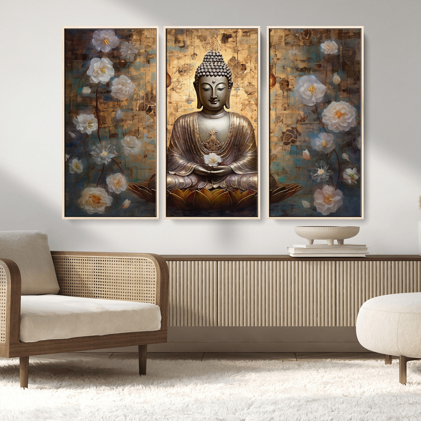 MGV-FC-48X32-3P - Golden Buddha Wall Art Canvas Print | Zen Meditation Floral Decor | Tranquil Spiritual Home Art |