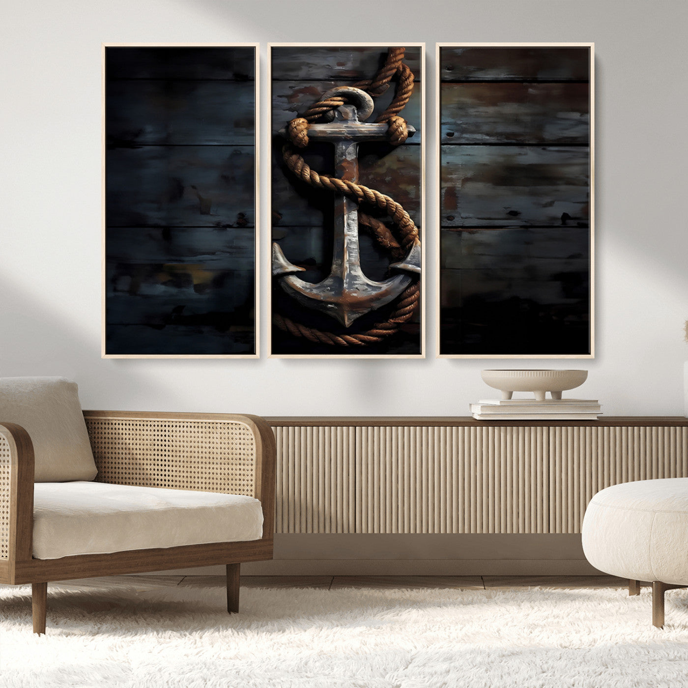 MGV-FC-48X32-3P - 3 Panel Grunge Abstract Anchor Wall Art Canvas Print Set