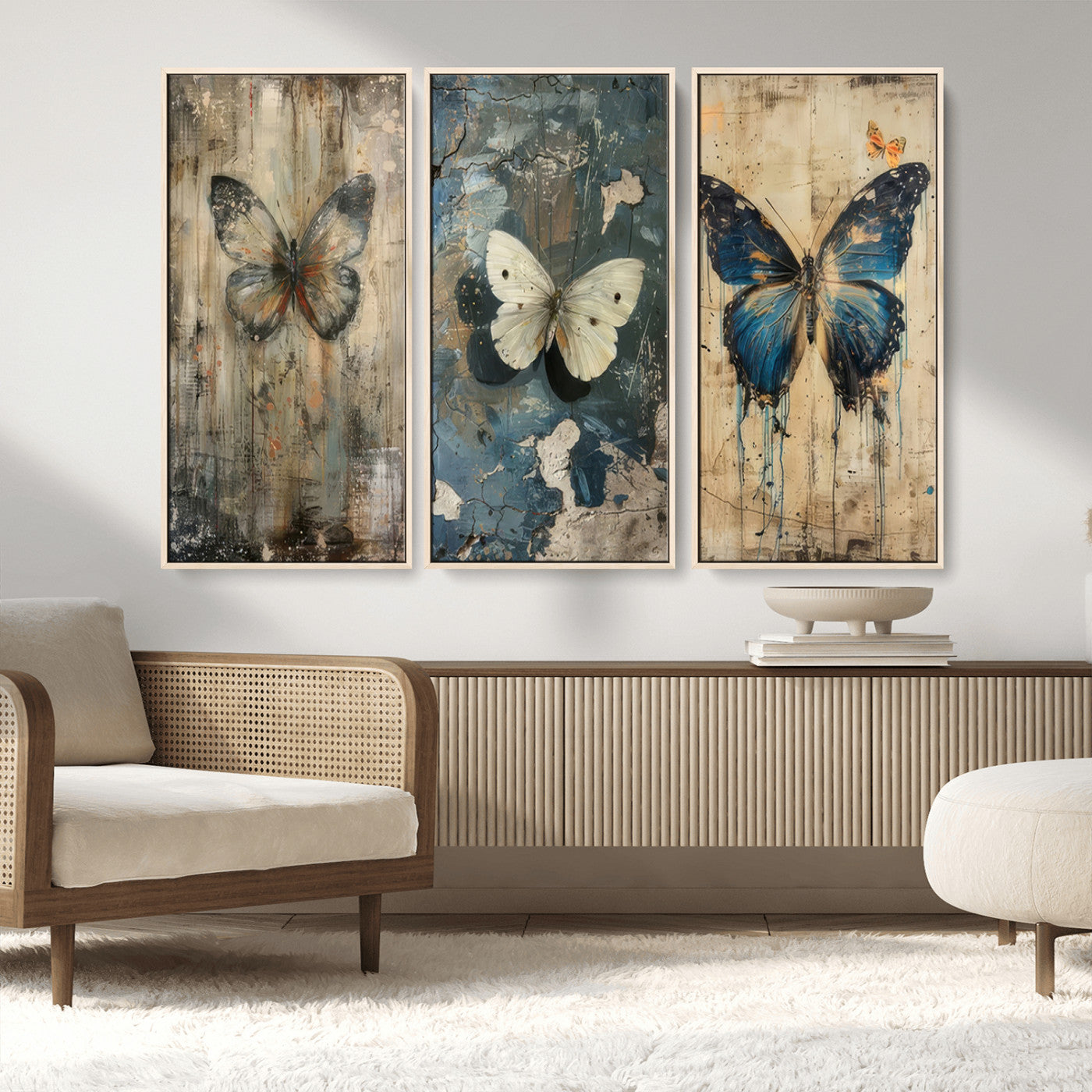 MGV-FC-48X32-3P - Butterfly Wall Art Trio | Vintage Butterfly Canvas Print | Ready to Hang Framed Artwork for