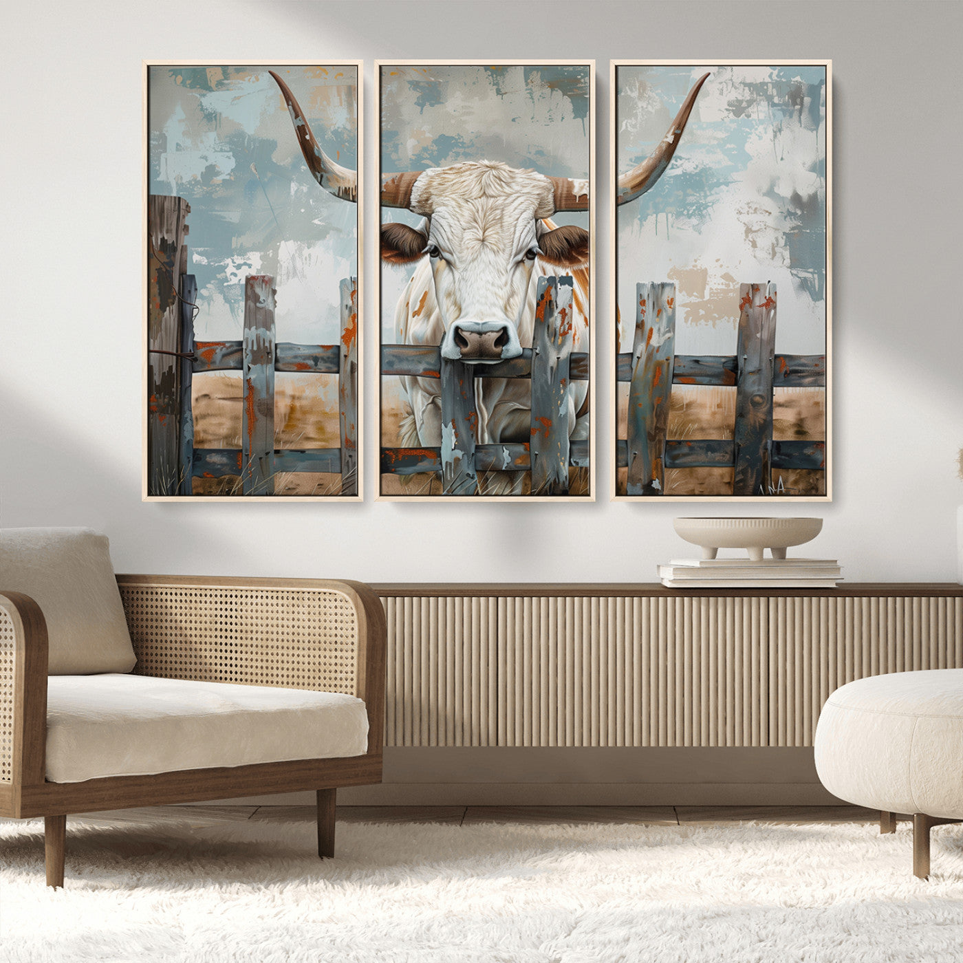 MGV-FC-48X32-3P - Vintage Cow Wall Art Canvas Print for Farmhouse Wall Decor Theme, Cattle Wall Art Print